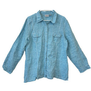 Chico’s Shirt‎ XL Linen Turquoise Gingham Long Sleeve Button Up Cruise Resort